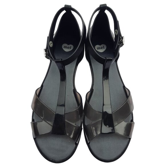 Mel By Melissa Black Jelly Sandals US 8 Ankle T Strap Flats EUR 39 - Picture 1 of 8